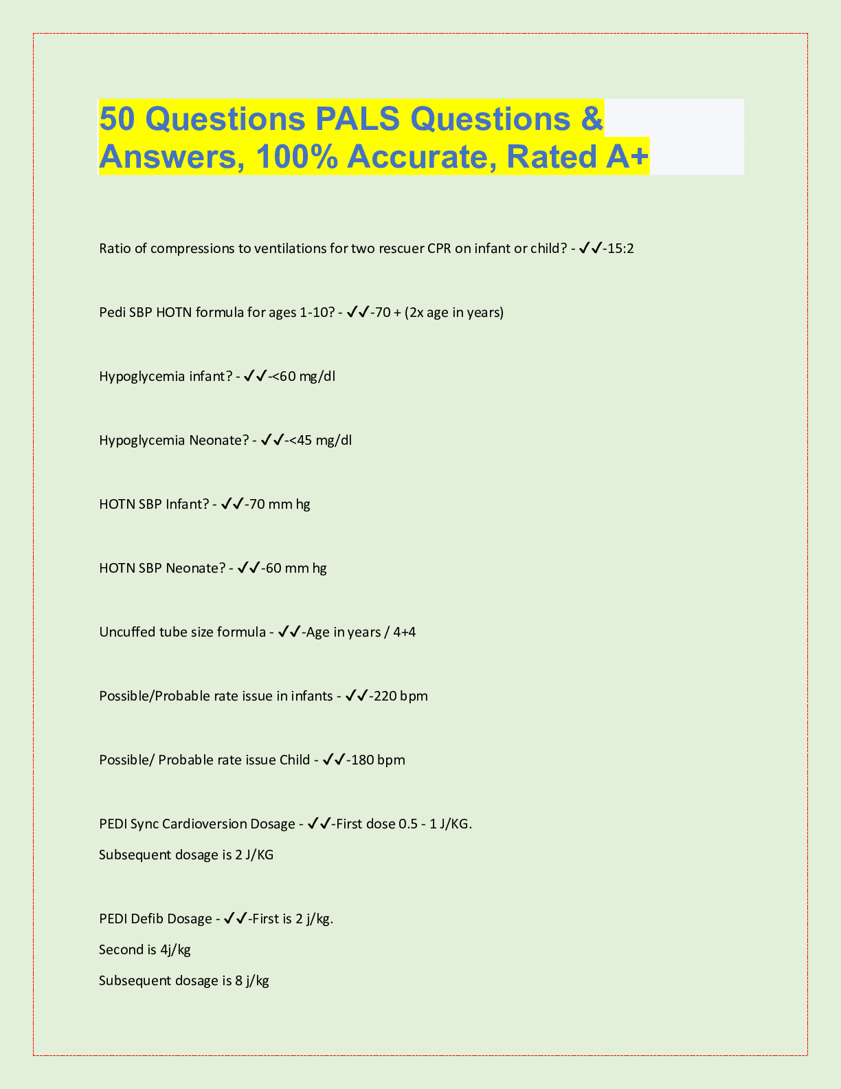 Preview image for 50 Questions PALS Questions &  Answers, 100% Accurate, Rated A+